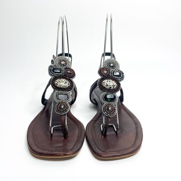 🍋 Sigerson Morrison • Women’s T-Strap Beaded Leather Sandals Size 7 - Picture 2 of 6